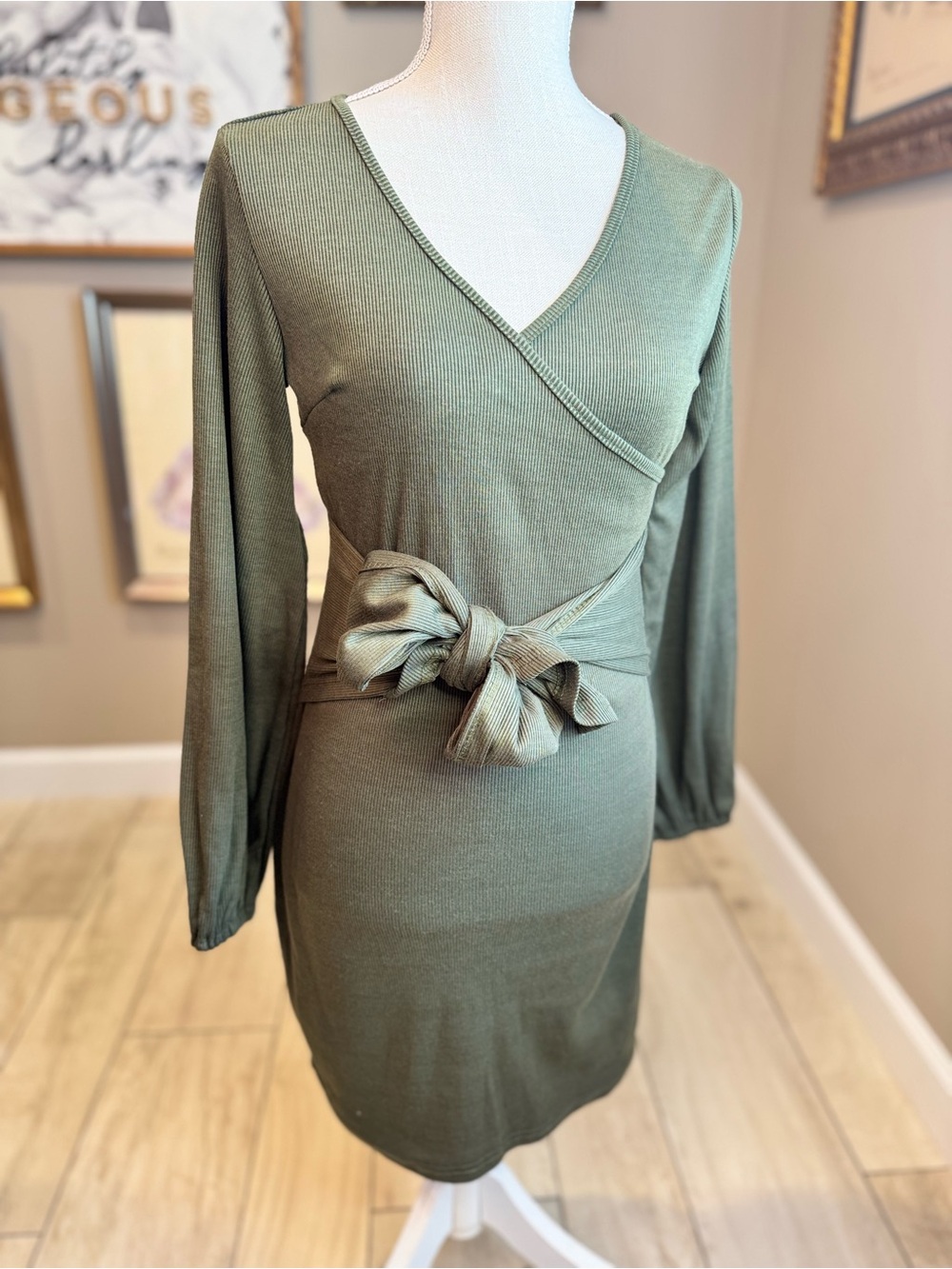 New! Solersun Olive Green Ribbed Long Sleeve Knit Tie Waist Midi Dress